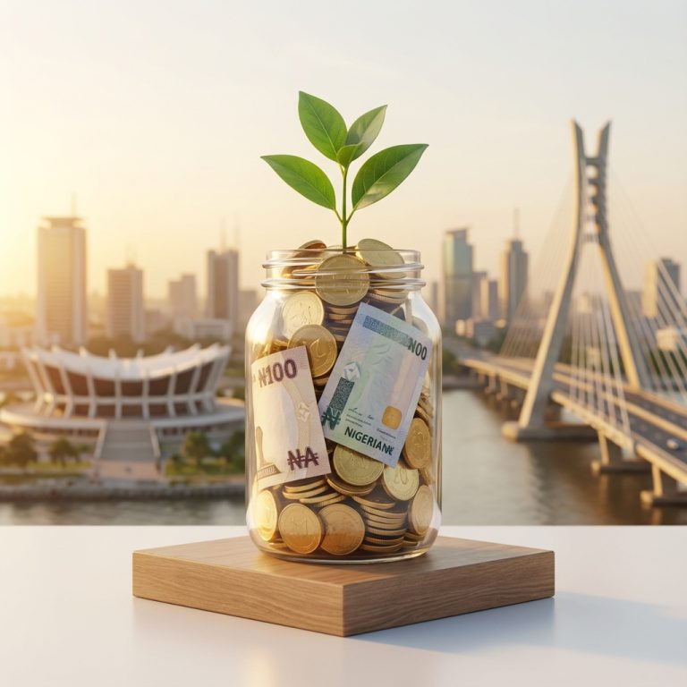 Glass jar with Naira notes and gold coins sprouting a green plant, representing small business growth in Nigeria.