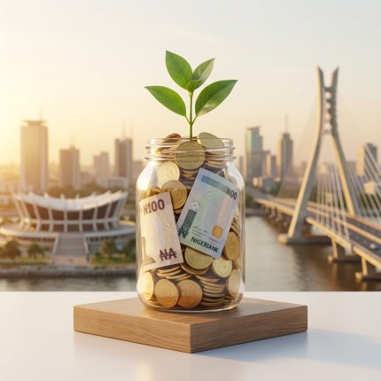 Glass jar with Naira notes and gold coins sprouting a green plant, representing small business growth in Nigeria.