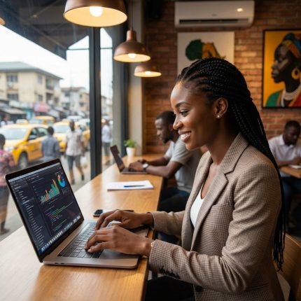 Young Nigerian professional using a laptop with futuristic digital overlays representing high-income skills like AI and trading.
