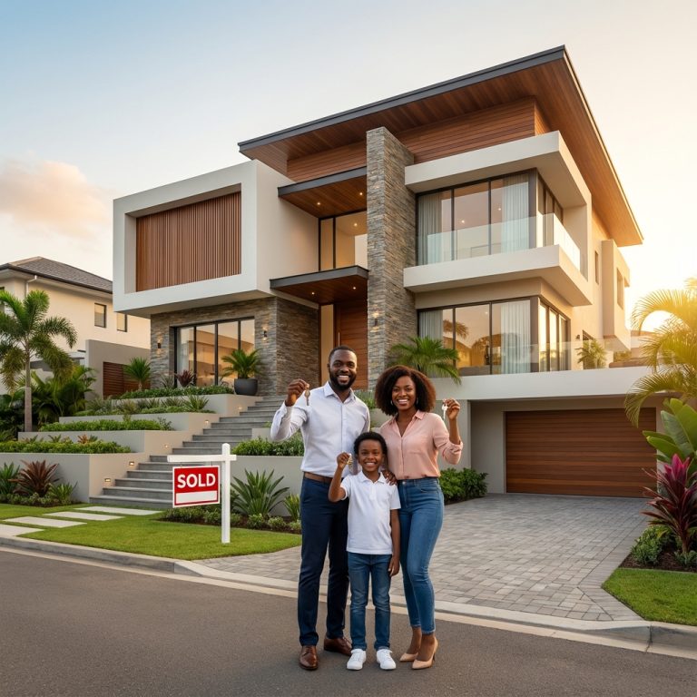 Happy Nigerian family holding keys in front of their new modern home in Lagos at sunset, representing successful mortgage acquisition.