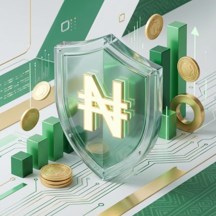 3D illustration of Naira symbol in a glass shield surrounded by growth charts, representing safe investments in Nigeria