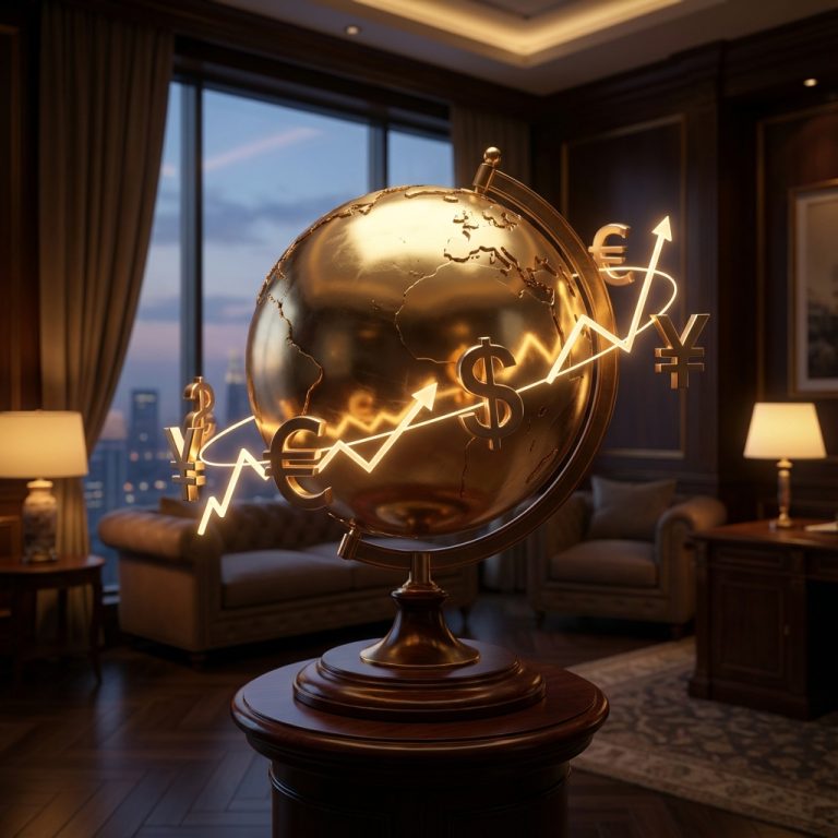 Illustration of a golden globe with currency symbols representing the wealth of the top 50 richest people in 2025