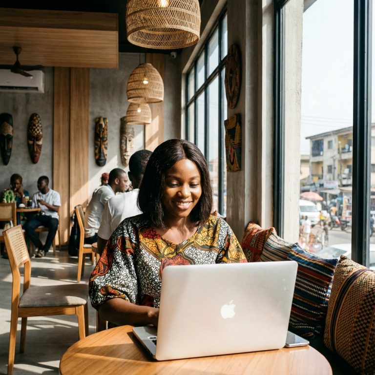 Young Nigerian freelancer working on a laptop in a Lagos cafe, representing zero capital side hustles.