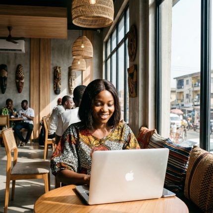 Young Nigerian freelancer working on a laptop in a Lagos cafe, representing zero capital side hustles.