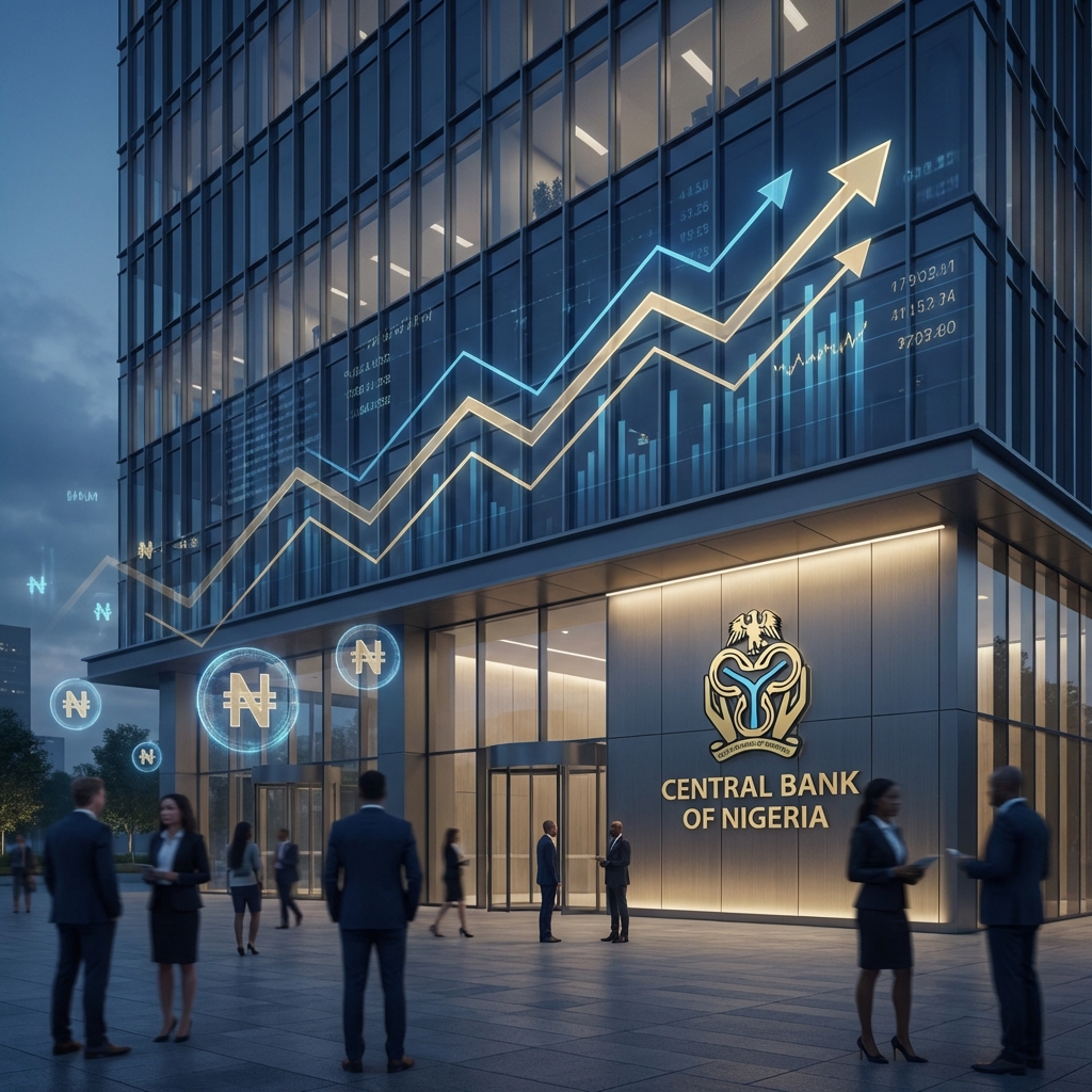 Central Bank of Nigeria building with financial growth charts - banking recapitalization impact on loans 2026