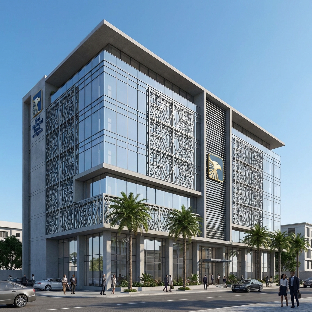 Modern Nigerian bank building facade representing financial stability and security