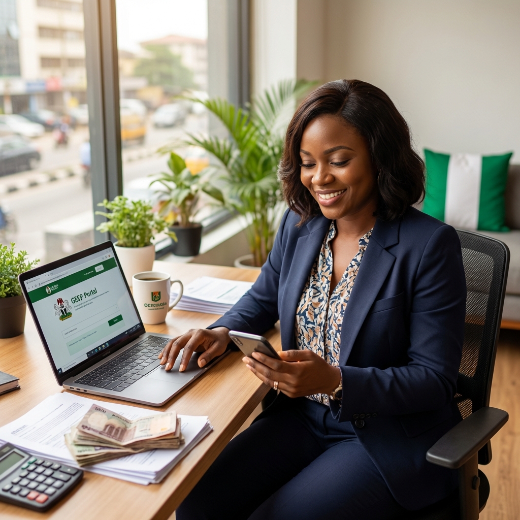 Nigerian small business owner accessing GEEP loan portal on laptop - Government Enterprise and Empowerment Program 2026