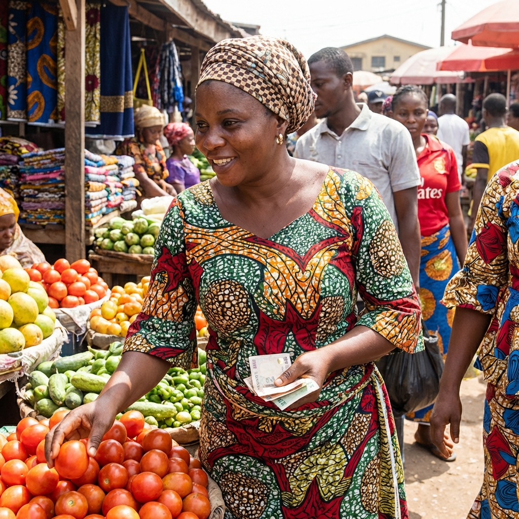 Nigerian woman shopping smartly at a local market with vibrant produce