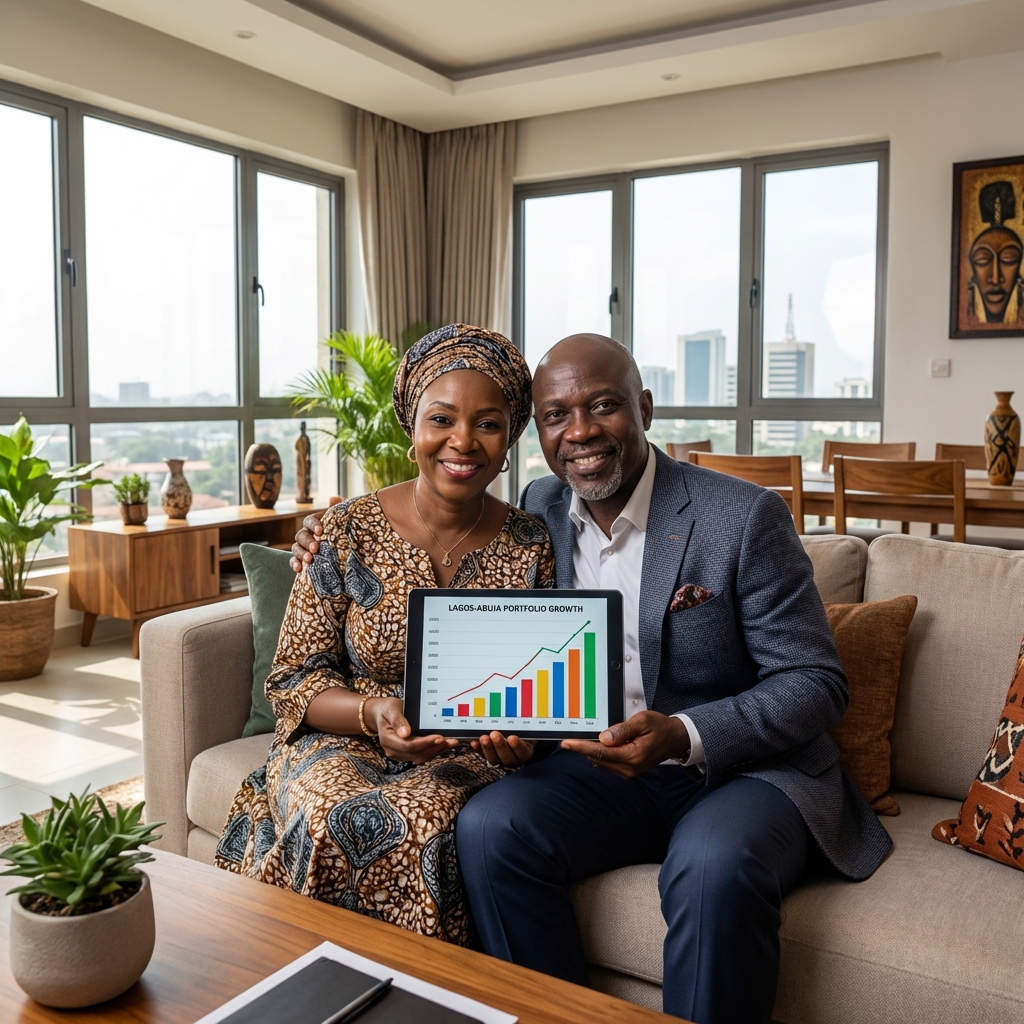 Nigerian couple analyzing investment charts on a tablet in a modern living room