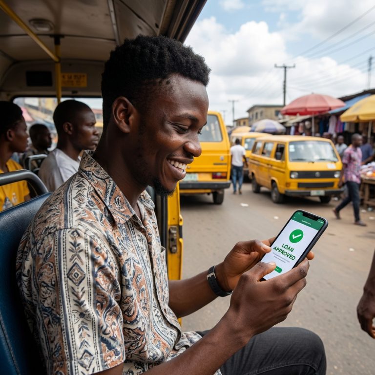 Young Nigerian man smiling while using a loan app on his smartphone in Lagos
