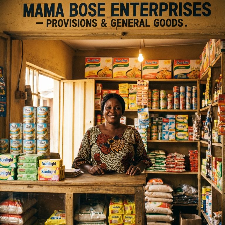 Proud Nigerian small business owner standing in her well-stocked provision store