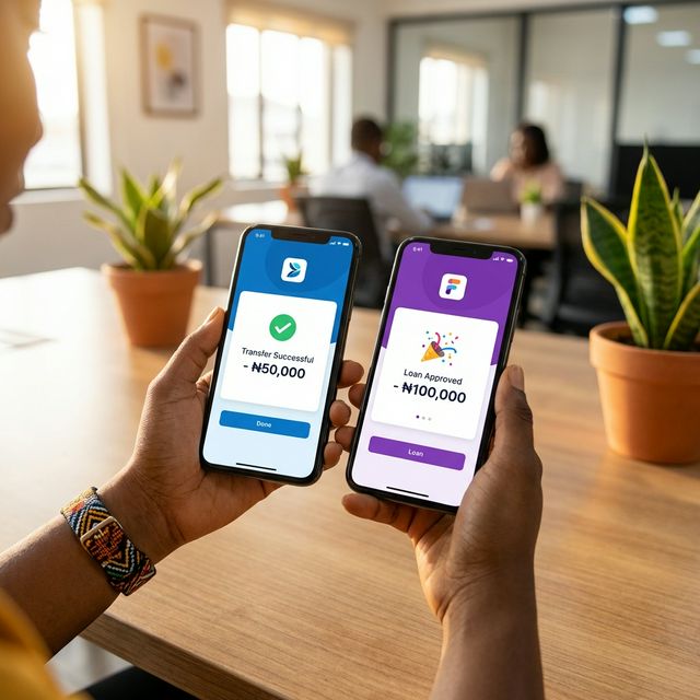 A person holding a smartphone showing a successful loan approval notification from Kuda Bank and Palmpay.