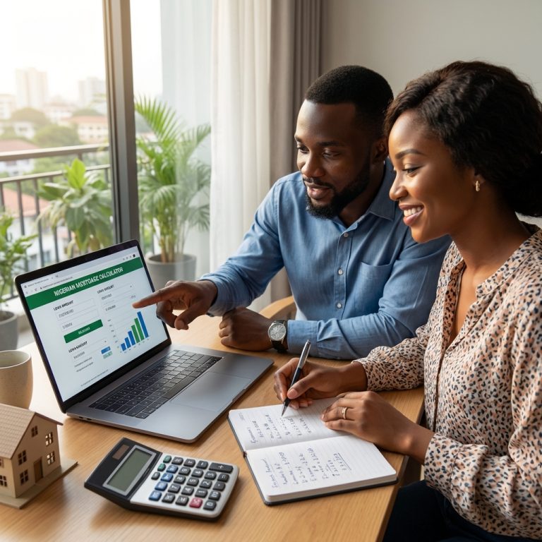 Nigerian couple using mortgage loan calculator on laptop for home buying financial planning with house model and calculator on desk