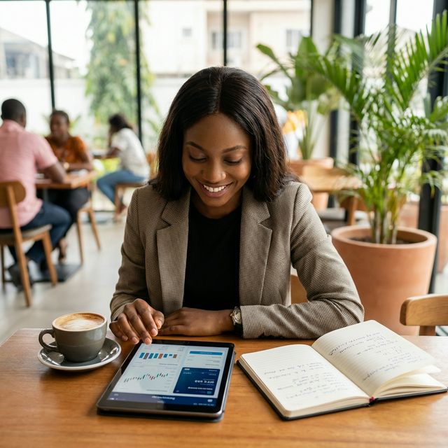Young Nigerian professional reviewing personal finances on a tablet at a modern cafe in Lagos, illustrating financial planning and empowerment.