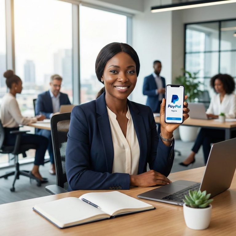 Nigerian businesswoman displaying PayPal mobile app on smartphone in modern Lagos office for international payments and digital banking