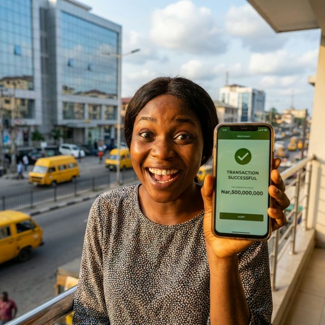 A Nigerian using a smartphone to successfully receive an urgent cash loan alert without BVN.