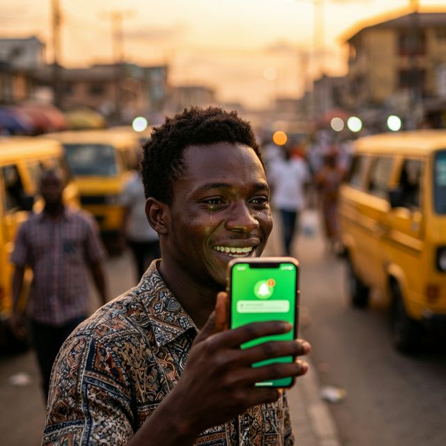 Man receiving instant urgent cash loan on mobile phone in Nigeria.