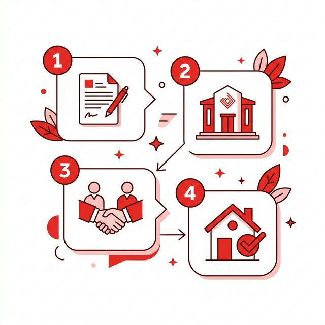 Infográfico com 4 etapas para solicitar o Access Bank Home Loan: documentação, visita ao banco, aprovação e entrega das chaves