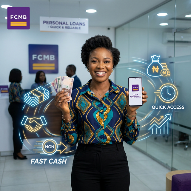 Happy Nigerian professional holding smartphone with FCMB loan app showing fast cash approved