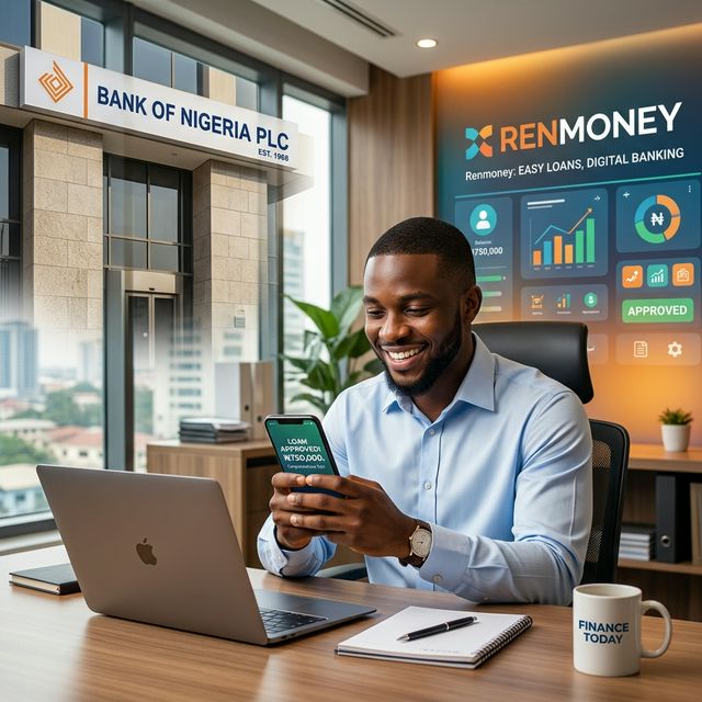 Nigerian man smiling with his cell phone in hand after loan approval. Renmoney compared to a traditional bank.