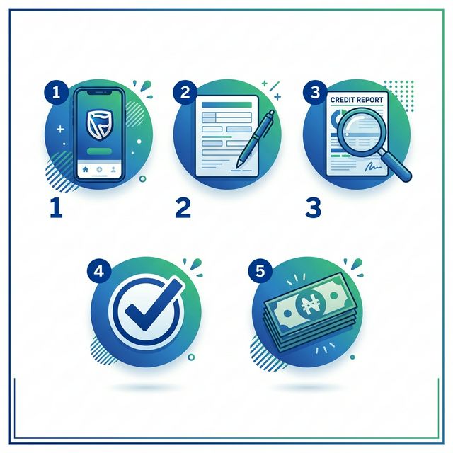 Infographic outlining 5 steps to apply for a Stanbic IBTC personal loan: app, form, credit analysis, approval, and disbursement.