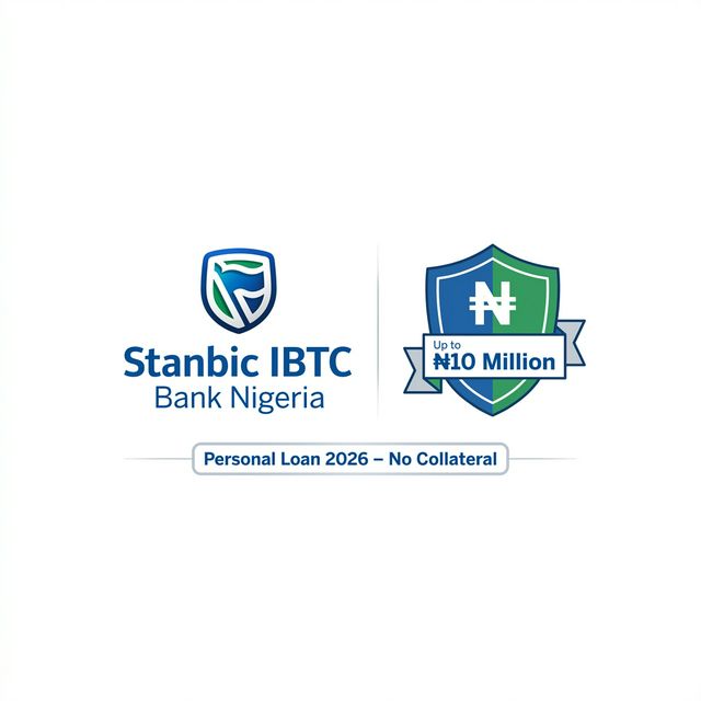Stanbic IBTC Bank Nigeria logo with shield and Naira symbol representing unsecured personal loan up to 10 million pounds.