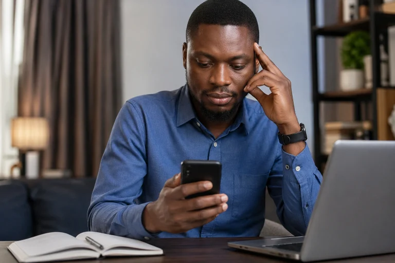 man comparting loan fee at your cellphone